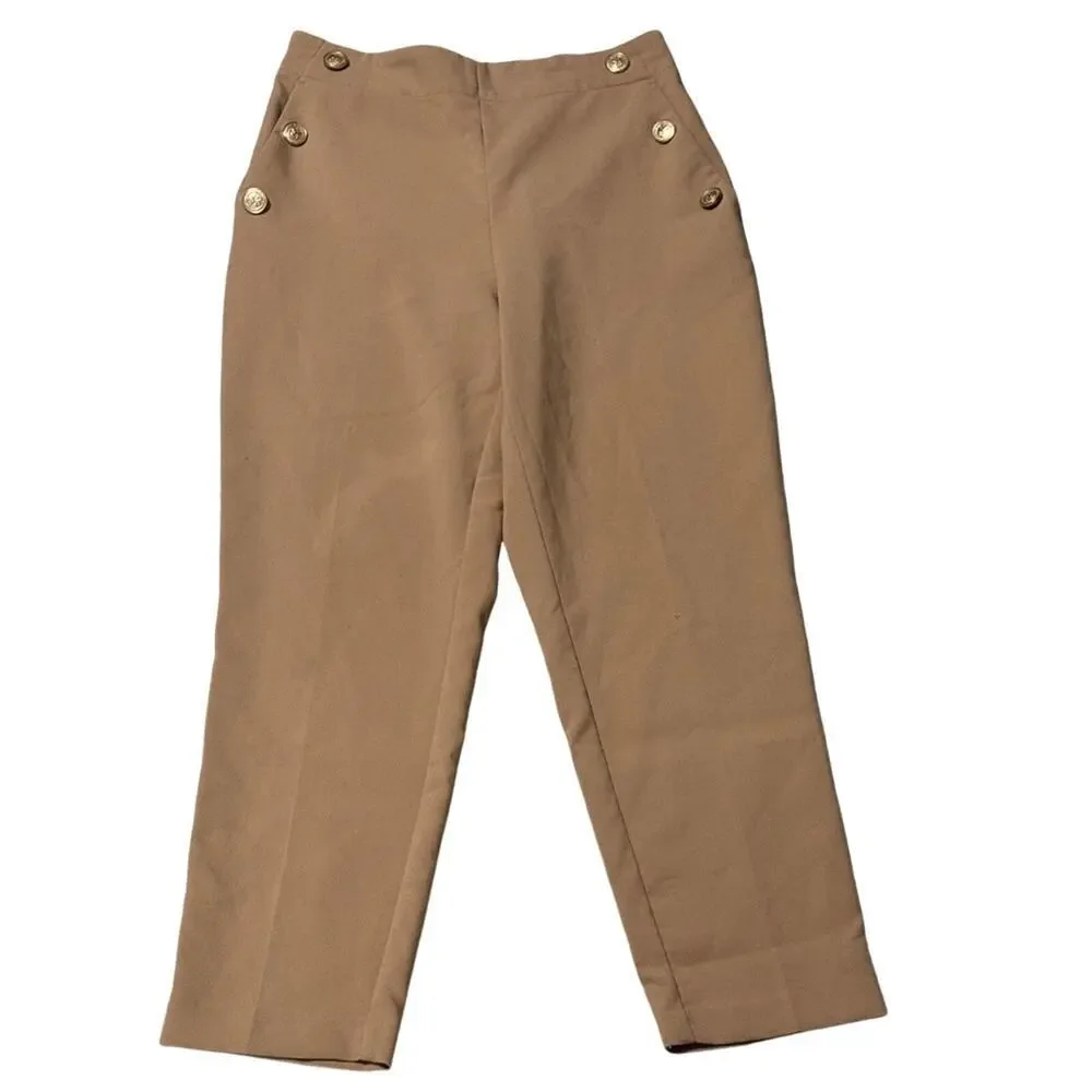 ZARA High Waist Straight Leg Pants Trousers Gold Buttons Tan Size M